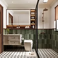 Modern Bathroom Interior With Green Tiles White Toilet Vanity Mirror And Checkered Floor