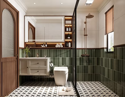 Modern Bathroom Interior With Green Tiles White Toilet Vanity Mirror And Checkered Floor 3d model