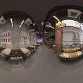 Two Story Restaurant Interior With Wing Shaped Lighting Concrete Walls Red Brick Accents And Tables
