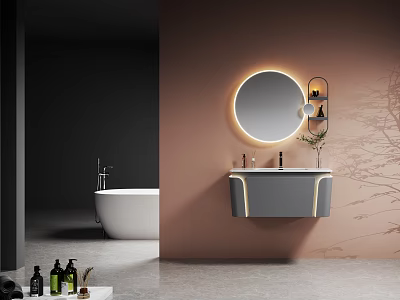 Sleek Wall Mounted Washbasin With Round LED Mirror And Shelf In Modern Bathroom 3d model