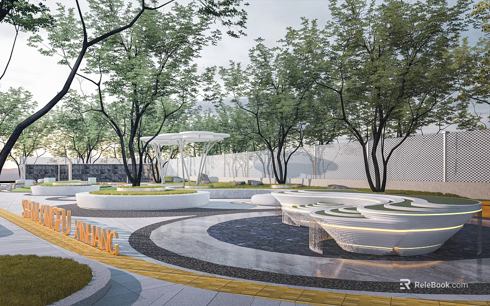 Park Landscape With Lush Trees Curved Seating Areas And Paved Pathways 3d model 