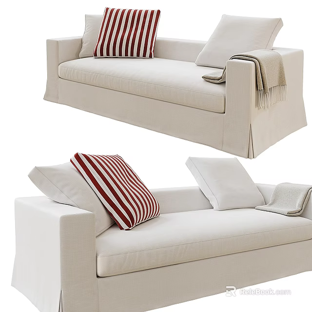 White Sofa Interior With Red And White Striped Pillows And Soft Blanket 3d model 