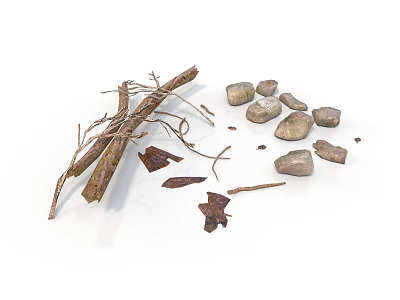 Natural Decorative Elements With Twigs Stones And Dried Leaves 3d model