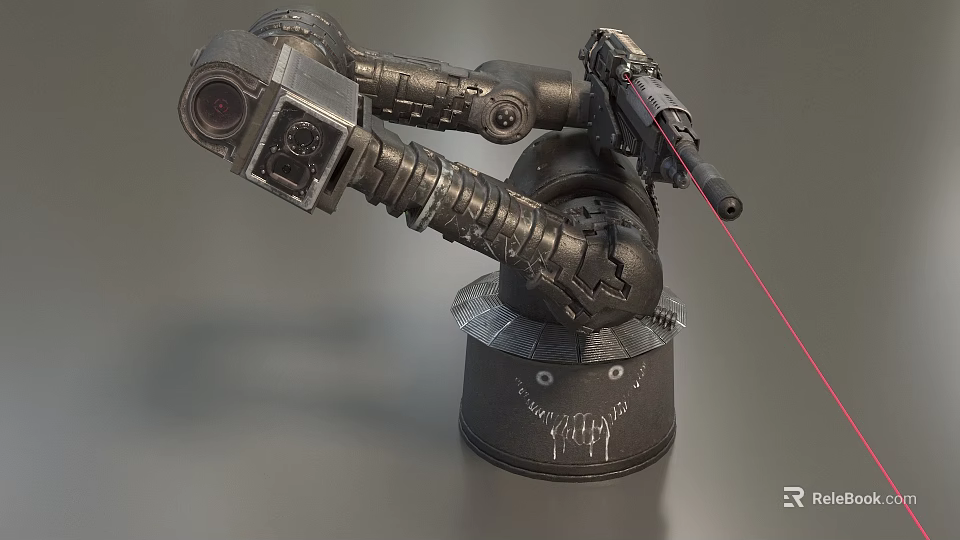 Mechanical Arm Weapon With Laser Firing Function Metallic Industrial Design And Worn Texture Base Stand 3d model 
