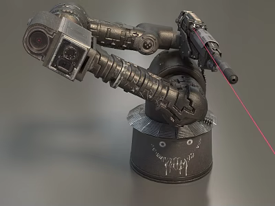 Mechanical Arm Weapon With Laser Firing Function Metallic Industrial Design And Worn Texture Base Stand 3d model