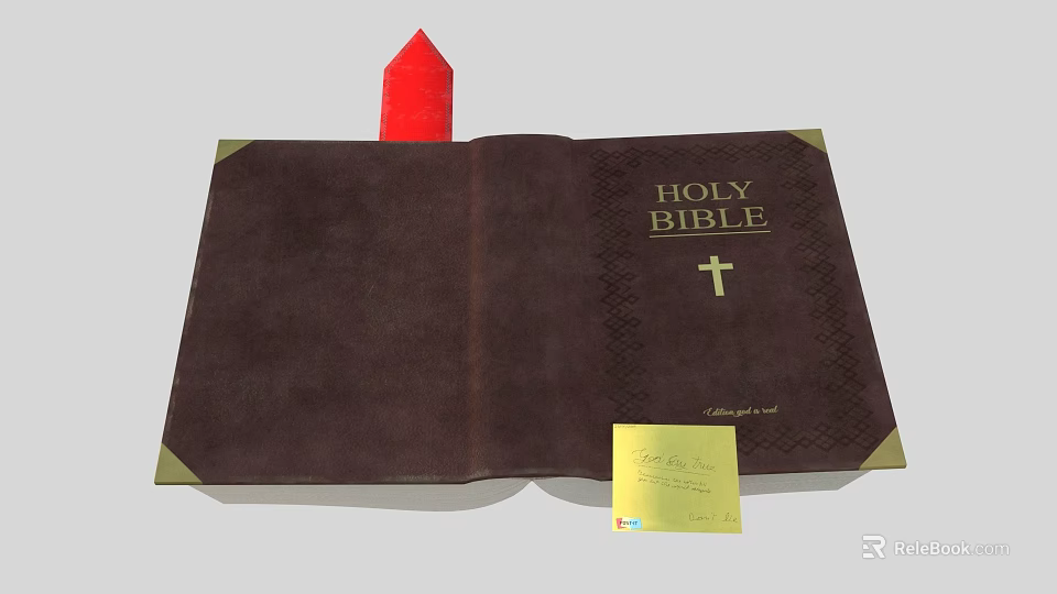Open Holy Bible Book With Brown Cover Golden Text And Cross Symbol 3d model 