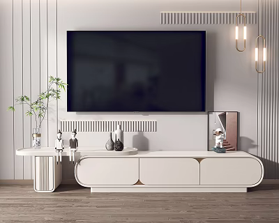 Modern White TV Stand With Decorative Items Green Plant And Pendant Lights 3d model