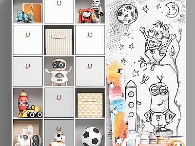 Kids Room Storage Shelves With Toy Organizers Cartoon Characters And Playful Decor 3d model