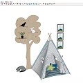 Kids Room With Blue White Polka Dot Play Tent Tree Shaped Wooden Shelf And Art