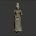 Traditional Female Sculpture Carving With Ornate Headdress Long Robe And Standing Pose