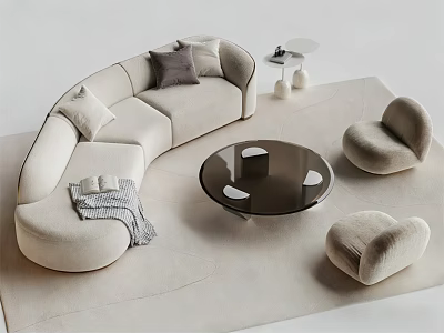 Modern Beige Curved Sofa with Round Black Coffee Table and Armchairs Set 3d model
