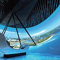 Modern Waterfront Lounge With Panoramic City View Infinity Pool White Sofa And Rain Curtain