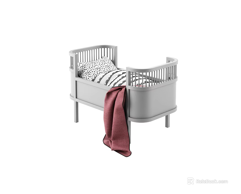 Gray Baby Crib With Black And White Striped Mattress And Red Blanket 3d model 