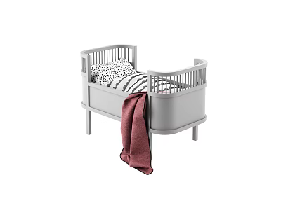 Gray Baby Crib With Black And White Striped Mattress And Red Blanket 3d model