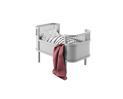 Gray Baby Crib With Black And White Striped Mattress And Red Blanket 3d model