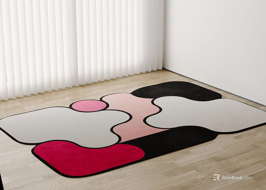 Modern Square Rug With Irregular Pink Black White Red Geometric Patterns On Wooden Floor 3d model 