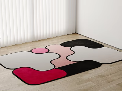 Modern Square Rug With Irregular Pink Black White Red Geometric Patterns On Wooden Floor 3d model