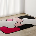 Modern Square Rug With Irregular Pink Black White Red Geometric Patterns On Wooden Floor