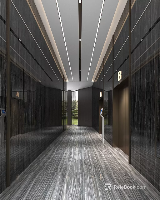 Modern Elevator Lobby Design With Mirrored Walls Ceiling Lights Directional Signage And Polished Floor 3d model 