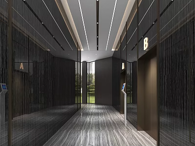 Modern Elevator Lobby Design With Mirrored Walls Ceiling Lights Directional Signage And Polished Floor 3d model
