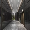 Modern Elevator Lobby Design With Mirrored Walls Ceiling Lights Directional Signage And Polished Floor