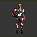 Game Movie Character Wearing Red Black Racing Suit Holding Helmet Standing In Full Body Pose