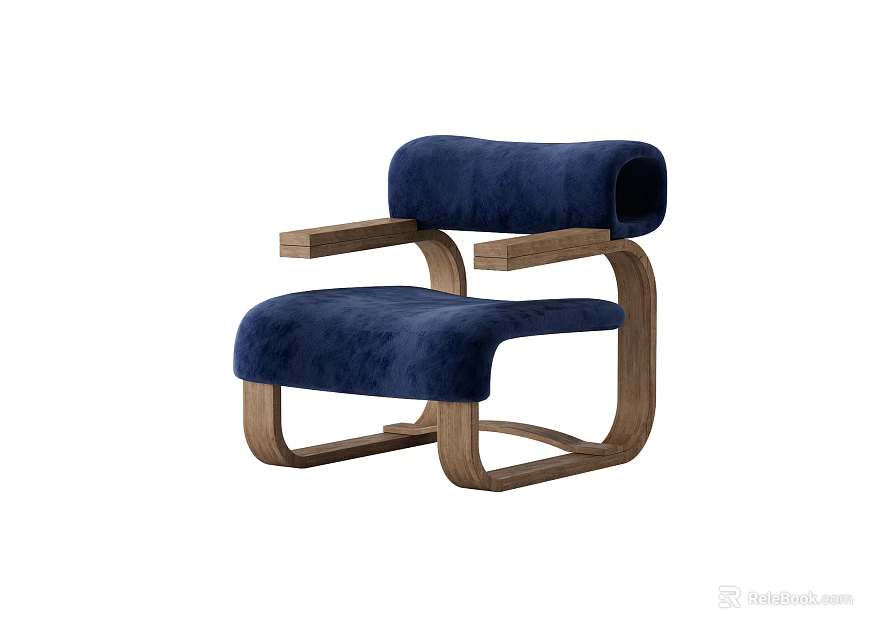 Modern Single Chair With Blue Velvet Upholstery And Wooden Frame Design 3d model 