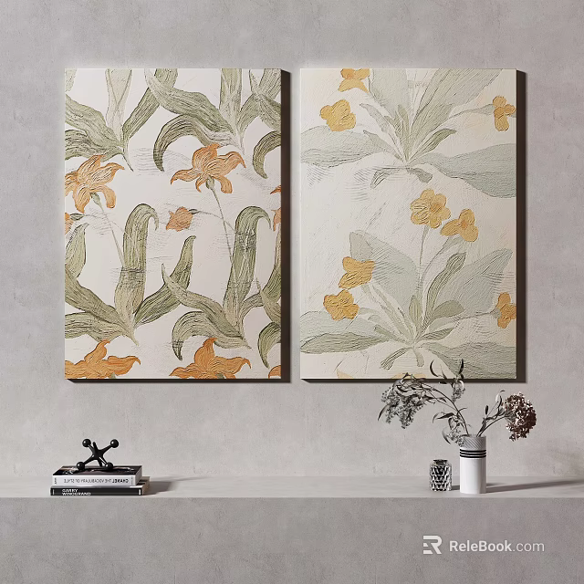 Pair of Botanical Paintings with Green Leaves and Yellow Flowers as Living Room Wall Decor 3d model 