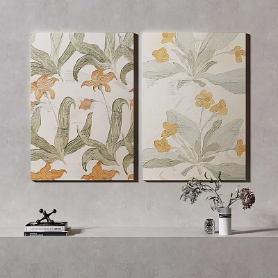 Pair of Botanical Paintings with Green Leaves and Yellow Flowers as Living Room Wall Decor 3d model