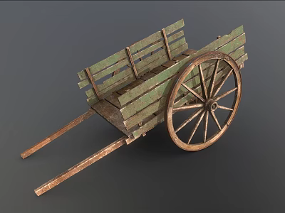 Vintage Old Wooden Cart With Green Planks And Large Worn Wheel 3d model