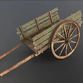 Vintage Old Wooden Cart With Green Planks And Large Worn Wheel