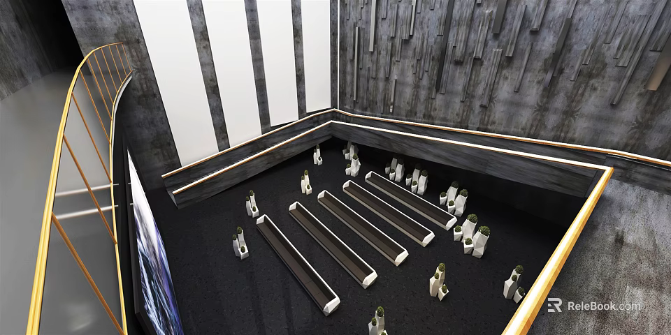 Modern Interior Space With Black Floor White Paneled Walls And Arranged Benches 3d model 