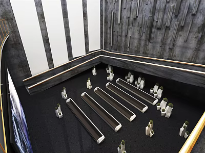 Modern Interior Space With Black Floor White Paneled Walls And Arranged Benches 3d model