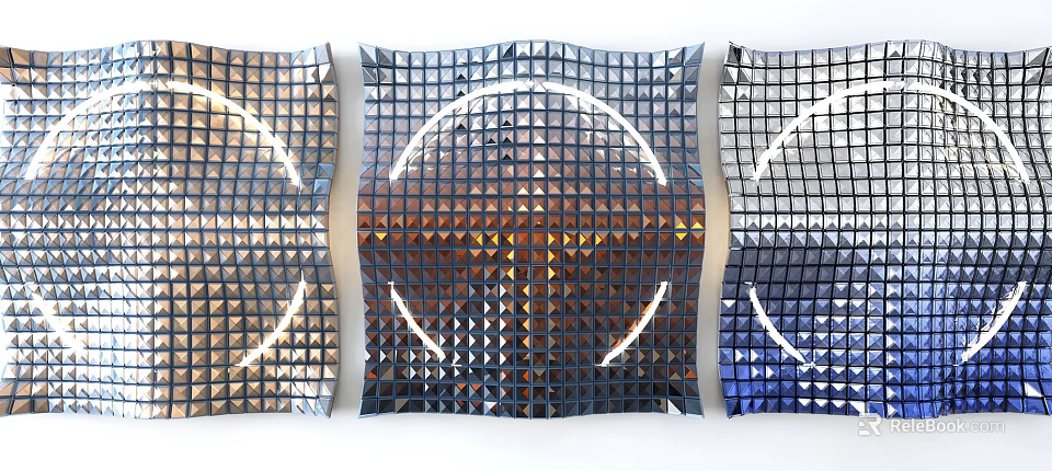 Modern Wall Decor with Grid Pattern Circular Accents and Metallic Gold Silver Blue Finish 3d model 