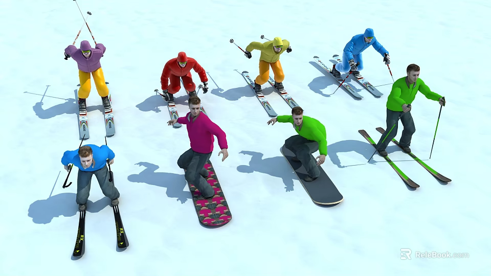 Group of People Skiing and Snowboarding on Snowy Slope with Colorful Winter Outfits 3d model 