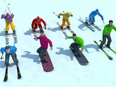 Group of People Skiing and Snowboarding on Snowy Slope with Colorful Winter Outfits 3d model