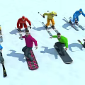 Group of People Skiing and Snowboarding on Snowy Slope with Colorful Winter Outfits