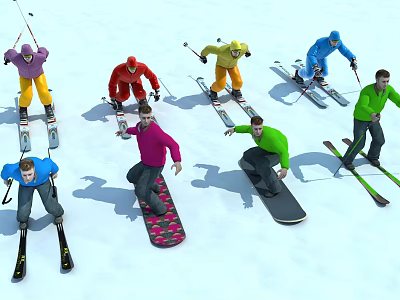 Group of People Skiing and Snowboarding on Snowy Slope with Colorful Winter Outfits 3d model