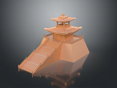 Cartoon Scenery Of Chinese Style Tower With Multi Tiered Roof Staircase And Reflection 3d model