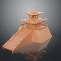 Cartoon Scenery Of Chinese Style Tower With Multi Tiered Roof Staircase And Reflection