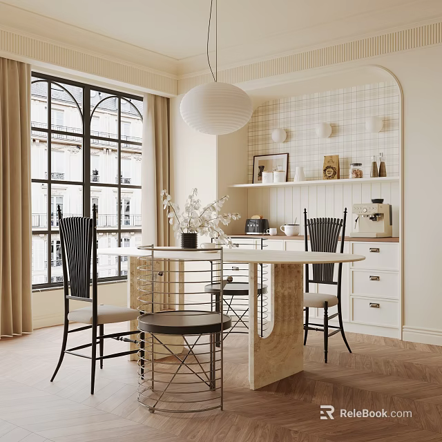 Modern Restaurant Interior with Large Windows Round Table Black Chairs White Pendant Light Decorative Shelves 3d model 
