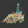 Yellow Utility Vehicle With Tower Antennas Red Flags Mechanical Arm And Large Wheels For Engineering