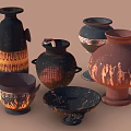 Various Ancient Ceramic Vessels with Painted Human Figures and Ornate Patterns 3d model