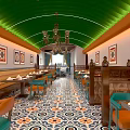 Vibrant Restaurant Interior With Green Arched Ceiling Chandeliers Decorative Paintings And Patterned Floor