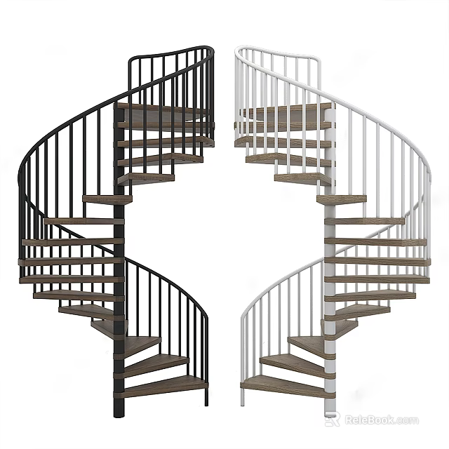 Modern Spiral Staircase With Black And White Railings And Wooden Steps Design 3d model 