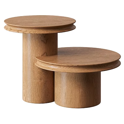 Two Round Wooden Coffee Tables with Modern Design and Cylindrical Bases 3d model