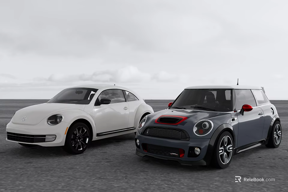 Two Stylish Cars White Volkswagen Beetle And Dark MINI Cooper Parked On Open Road Outdoor 3d model 