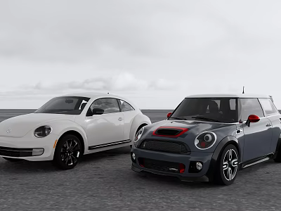 Two Stylish Cars White Volkswagen Beetle And Dark MINI Cooper Parked On Open Road Outdoor 3d model