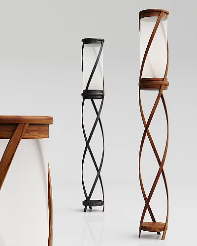 Modern Floor Lamps With Twisted Black Metal And Wooden Frames In Minimalist Design 3d model