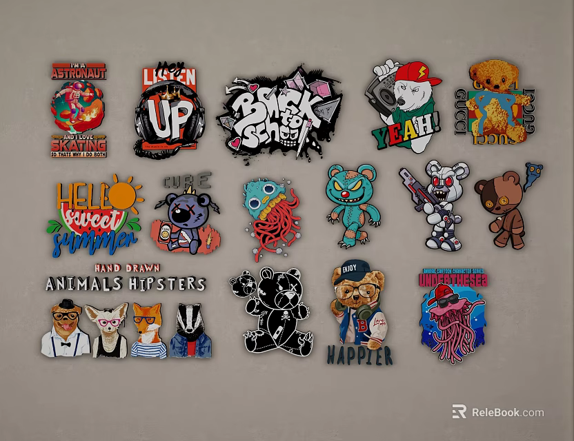 Fun Creative Wall Decor With Various Colorful Cartoon Character Stickers And Patches 3d model 
